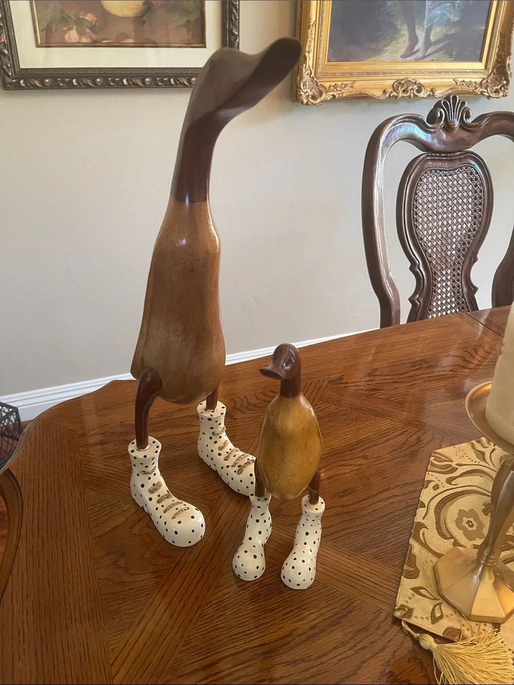 Wooden Duck Figurines with Polka Dot Boots - Brown